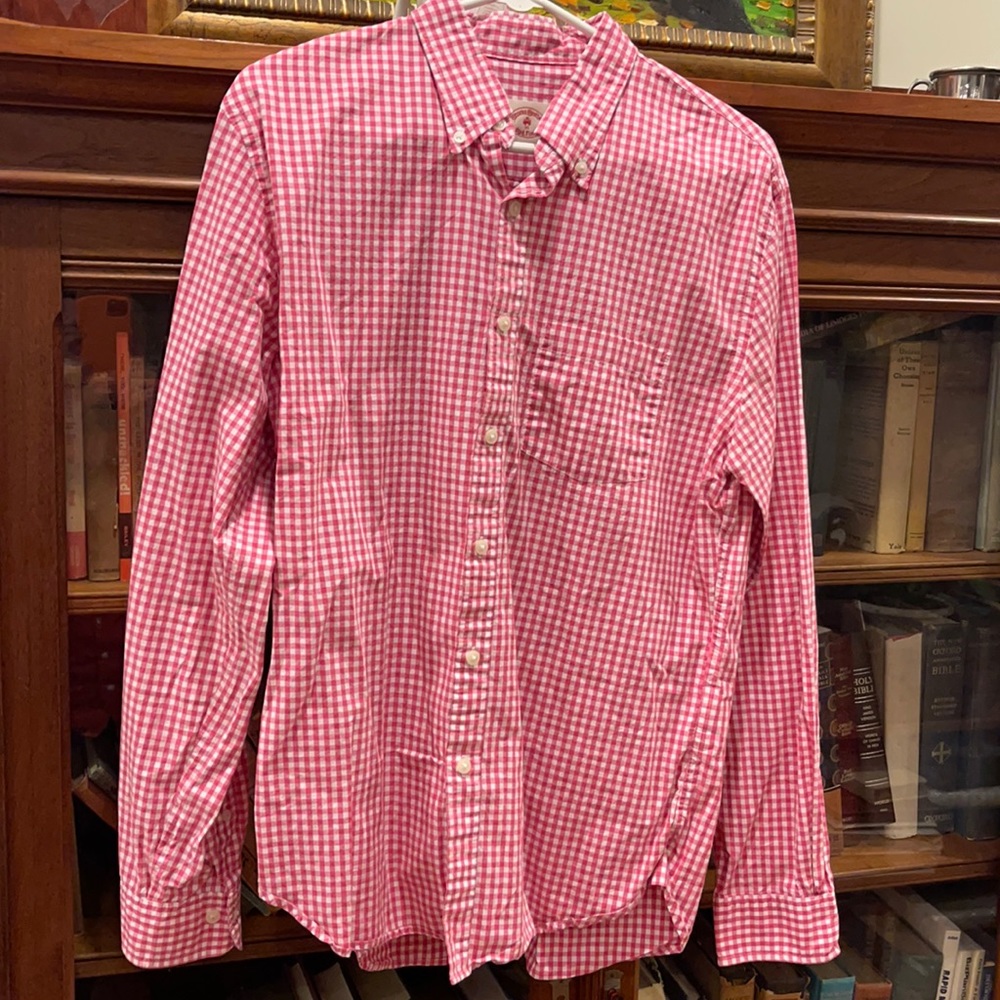 Brooks Brothers, men’s Large button down collared long sleeve, gingham pink